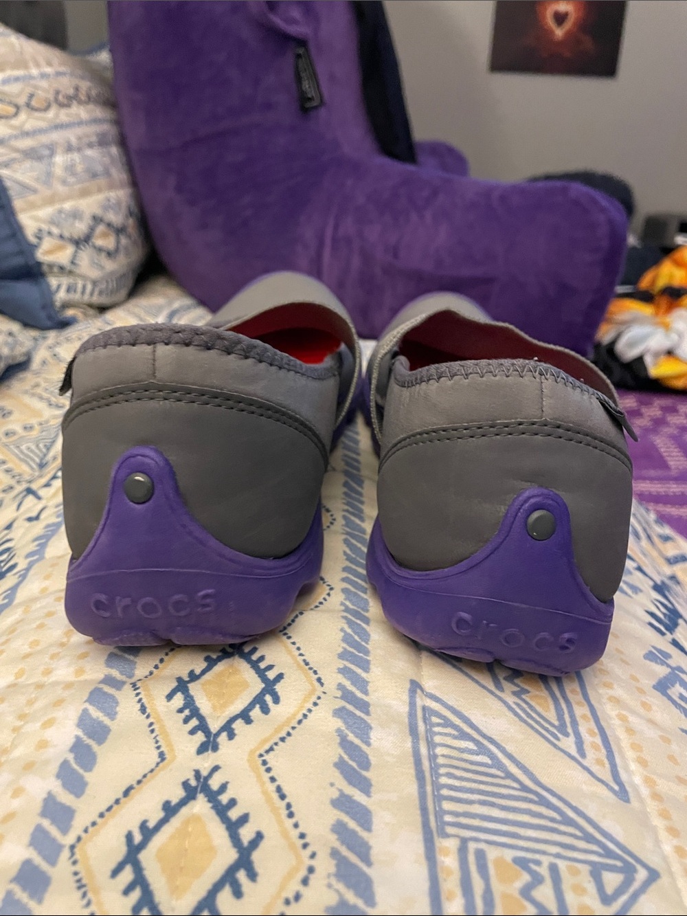 CROCS Gray Mary Jane Flats with Purple Trim and Red Insole - Picture 3 of 7